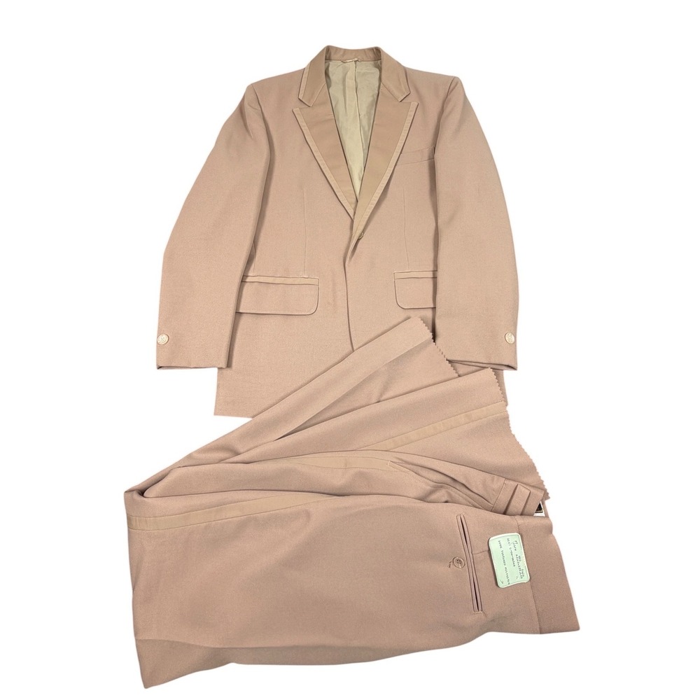 70s Palm Beach Mens Polyester 2 Piece Suit 2 Tone Tan 36S 30X37 Unhemmed Pants